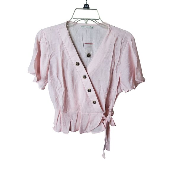 Active USA Light Pink Button-Front Wrap Blouse With Tie Waist & Short Sleeves Si - Picture 2 of 4